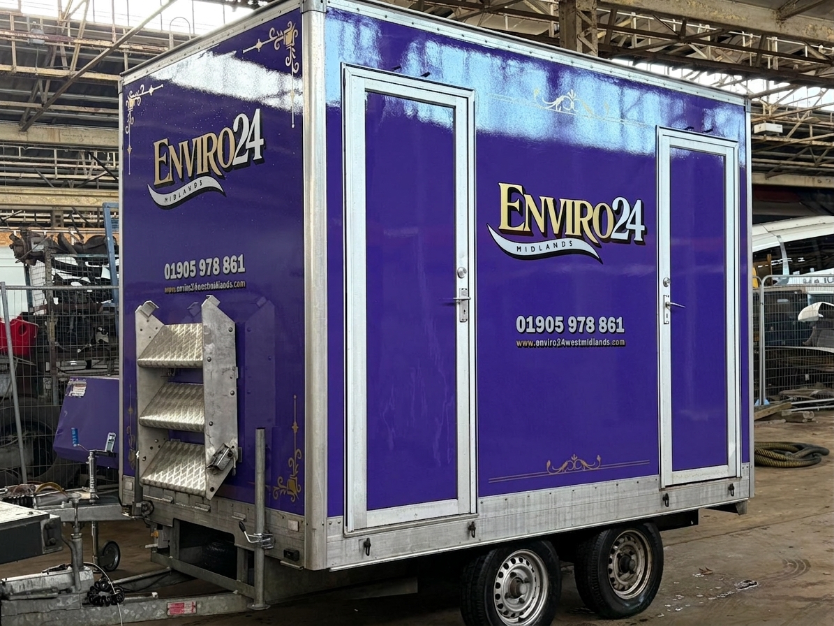 Enviro24 branded luxury toilet trailer exterior with premium purple livery